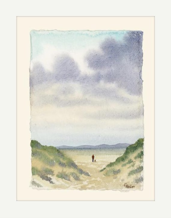 Figure & dog on Llanddwyn beach near Newborough, Anglesey, Original watercolour painting on handmade paper, mount to fit 12 x 10 inch frame