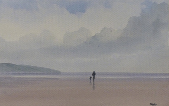 Original watercolour painting, 'Fond Memories' figure and child on beach, 280mm x 185mm (11" x 7.25") watercolor unique gift