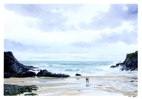 Porth Dafarch, Anglesey, Hand finished and personalised very limited edition prints on watercolour paper, couple on beach, dog on beach,