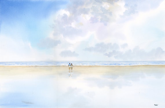 Original large 22" x 15" watercolour painting, couple on beach, on 100% cotton paper, half Imperial size direct from artist in England, UK