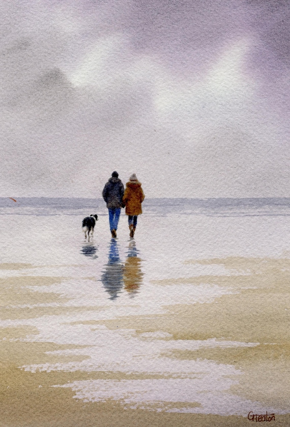 Original watercolour painting couple and Border Collie dog on beach, bevel mounted hand painted unique art to fit 12 x 10 inch frame,