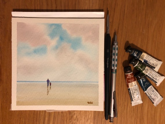 Square small original watercolour beach painting, Man and child on beach, affordable hand painted delicate watercolor gift, Dad, Grandad