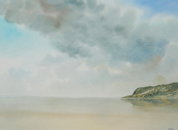 Original very large 30" x 22" watercolour painting, Llanddona Beach, Red Wharf Bay, huge statement piece on 100% cotton paper, Anglesey art