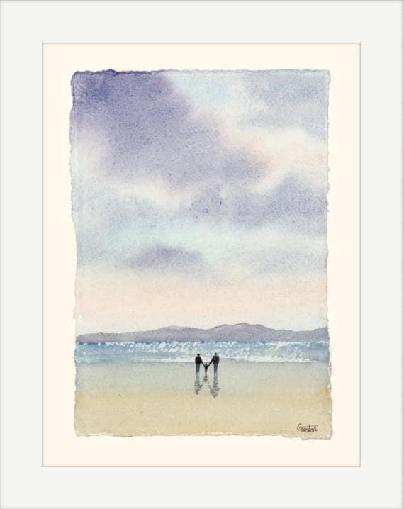 Original watercolour painting on handmade deckle edged paper, couple and child on beach, mounted to fit 12 x 10 inch frame by G. Heaton