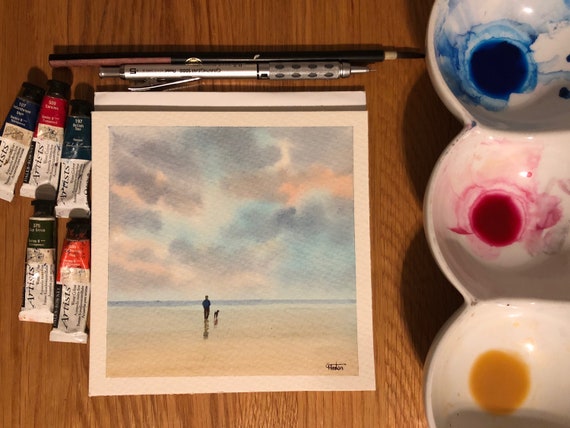 Square small original watercolour beach painting, man and dog on beach, affordable hand painted delicate watercolor Christmas gift, UK