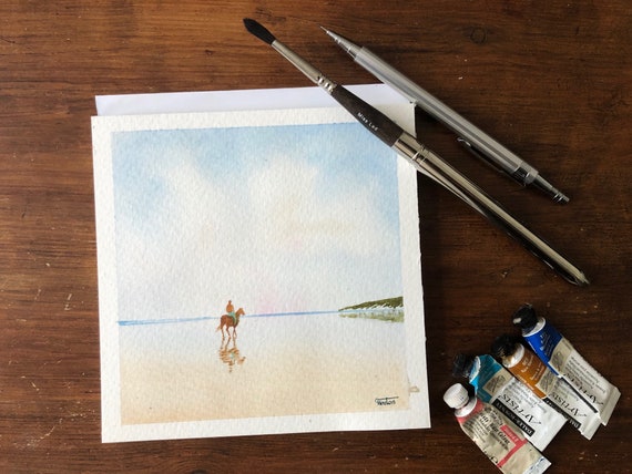 Square small original watercolour beach painting, figure and horse on beach, affordable hand painted delicate watercolor gift, England UK