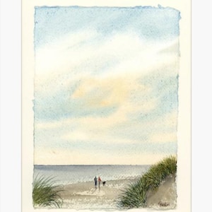 Dipinto originale ad acquerello su carta fatta a mano con bordi frastagliati, coppia e cane sulla spiaggia, montato su cornice da 12 x 10 pollici di G. Heaton