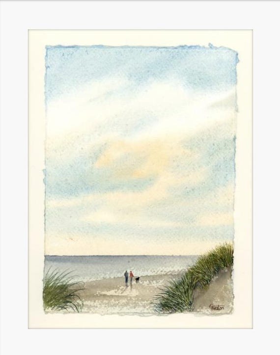 Original watercolour painting on handmade deckle edged paper, couple & dog on beach, mounted to fit 12 x 10 inch frame by G. Heaton
