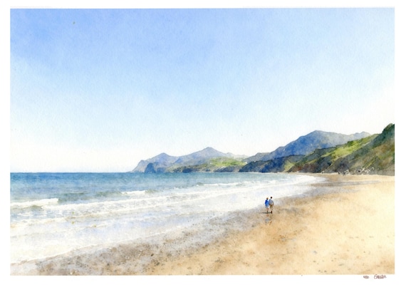 Nefyn Beach, hand finished, mounted very limited edition print, hand painted figures on beach, personalised artwork, unique art, painting