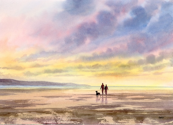 Original watercolour painting, Couple and dog on sunset beach, A4 size watercolor art direct from the artist in England, UK.