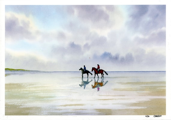 Horse riders on beach, Very limited edition A4 & A3 prints from an original watercolour painting, 'Low Tide Ride', horses beach art, pony