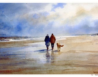 Limited edition print 'Golden Days', mounted 14" x 11" or 20" x 16", couple and Golden Retriever  dog, from watercolour painting,