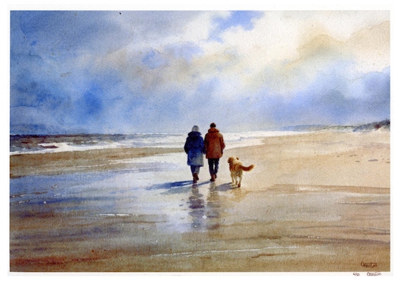 Limited edition print 'Golden Days', mounted 14" x 11" or 20" x 16", couple and Golden Retriever  dog, from watercolour painting,