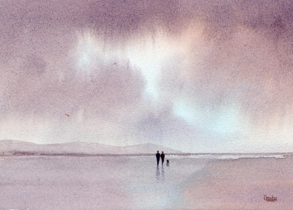 Original watercolour painting, couple & dog walking on beach, bevel mounted hand painted unique art to fit 12 x 10 inch frame by G. Heaton