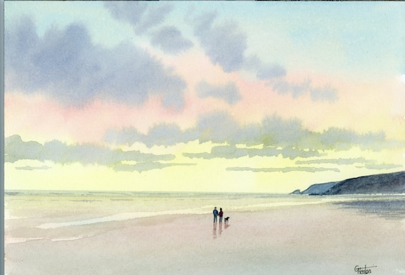Original small A5 watercolour beach painting, couple and dog on beach, romantic watercolor art gift direct from the artist in England UK