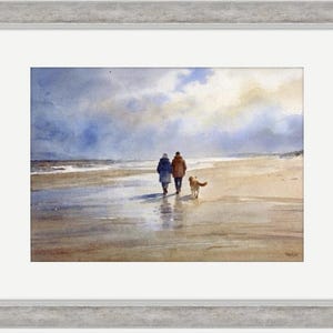 Original watercolour painting 'Golden Days' , couple and Golden Retriever dog on beach, A3 size art on 100% cotton Arches paper by G Heaton image 6