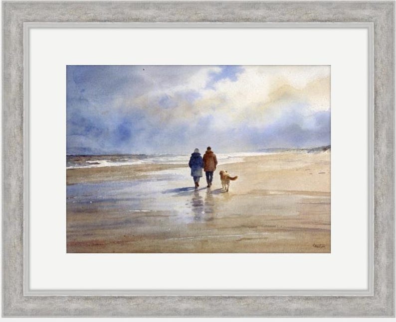 Original watercolour painting 'Golden Days' , couple and Golden Retriever dog on beach, A3 size art on 100% cotton Arches paper by G Heaton image 6