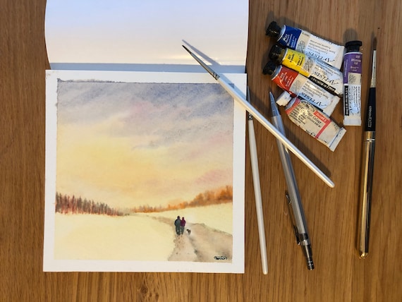 Square small original watercolour winter scene painting, original art, couple and dog in the snow, affordable hand painted watercolor gift