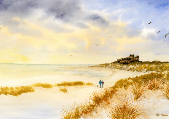Bamburgh Castle, Hand finished and personalised very limited edition print on watercolour paper, couple and dog on beach unique art gift