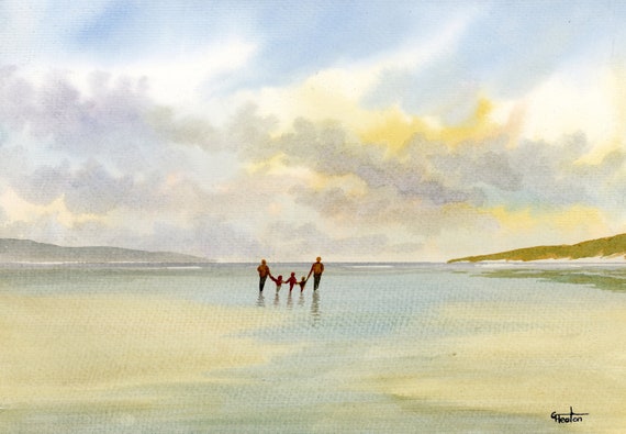 Original watercolour painting, 'Times Together' couple and 3 children on beach, A4 size 297mm x 214mm watercolor unique gift Dad, Mum, Kids