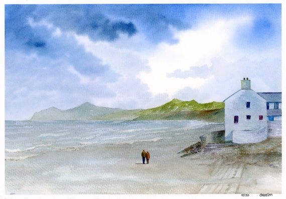 Morfa Nefyn Beach, Hand finished very limited edition print on watercolour paper, Couple on beach unique art gift, Llyn Peninsula, Wales