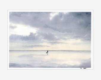 Very limited edition print from an original watercolour painting 'Digger', figure and dog on beach, only 50 worldwide