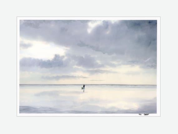 Very limited edition print from an original watercolour painting 'Digger', figure and dog on beach, only 50 worldwide