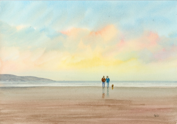 Original watercolour painting, couple and dog on beach, A4 size watercolor, original art gift from the artist England UK. Pomeranian, Spitz