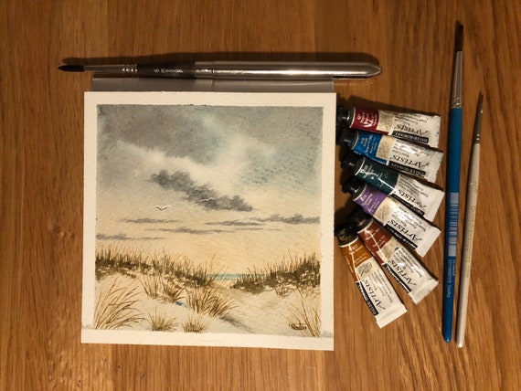 Sand Dunes, Ainsdale Beach. Square small original watercolour beach painting, Southport hand painted watercolor art gift, England UK artist