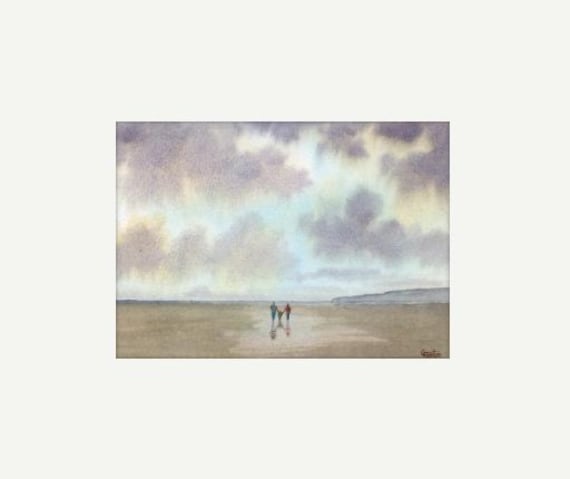 Original watercolour painting, couple & child walking on beach, bevel mounted hand painted unique art to fit 12 x 10 inch frame by G. Heaton