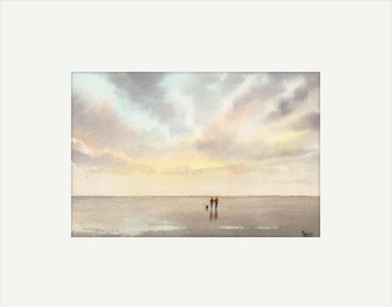 Original watercolour painting, couple & dog walking on beach, bevel mounted hand painted unique art to fit 12 x 10 inch frame by G. Heaton