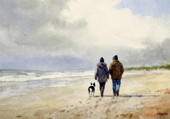 Original watercolour painting couple and dog on beach, bevel mounted hand painted unique art to fit 12 x 10 inch frame,