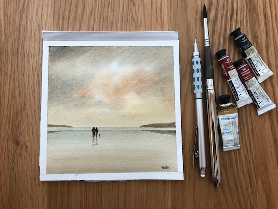 Square small original watercolour beach painting, couple and dog in monochrome neutral tones affordable hand painted watercolor gift, UK