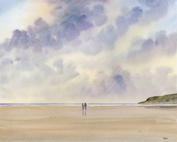 Original large 20" x 16" watercolour painting 'Red Wharf Skies' on 100% cotton watercolor paper deckled edges, couple on beach, unique art
