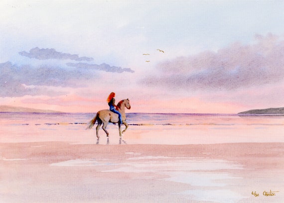 Horse rider on beach, Hand painted and finished very limited edition print on watercolour paper, 'Twilight Ride' unique art gift, horses
