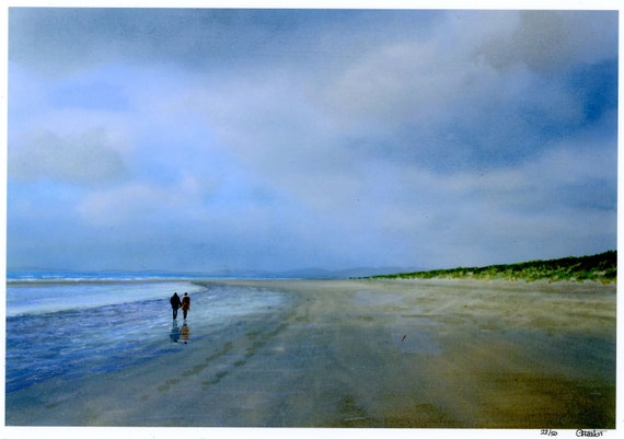 Harlech Beach hand finished in watercolour, very limited edition print, hand painted figures, each one a unique piece of artwork
