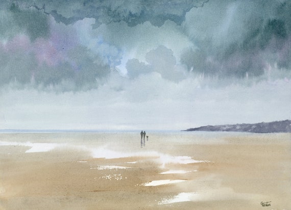 Original watercolour painting, Couple and dog on stormy Anglesey beach, 30 x 24 cm (11.8" x 9.4") watercolor, romantic art gift, valentine
