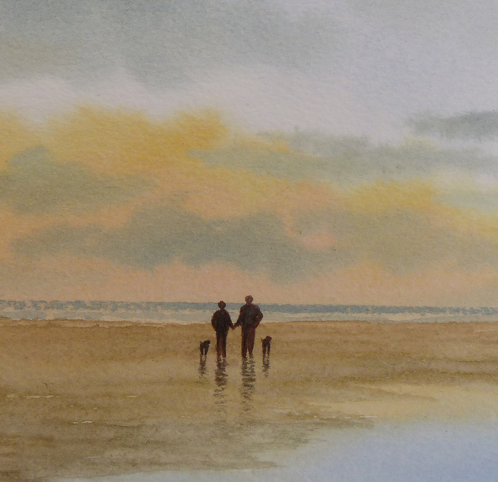 Original small watercolour beach painting, original art, couple and dog Original small watercolour beach painting, original art, couple and dog
