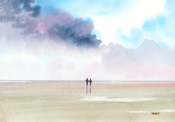 Original watercolour painting, couple on stormy beach A4 size watercolor, original romantic art gift direct from the artist in England UK