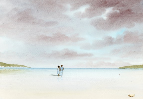 Original romantic watercolour painting, 'Forever And A Day' couple on beach, A4 size 297mm x 214mm watercolor unique gift, black couple