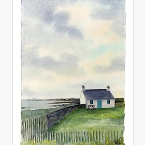 Dipinto ad acquerello originale "Tyn Tywyn" su carta fatta a mano con bordi frastagliati, cottage vicino a Rhosneigr Anglesey, montato per adattarsi a una cornice da 16 x 12 pollici