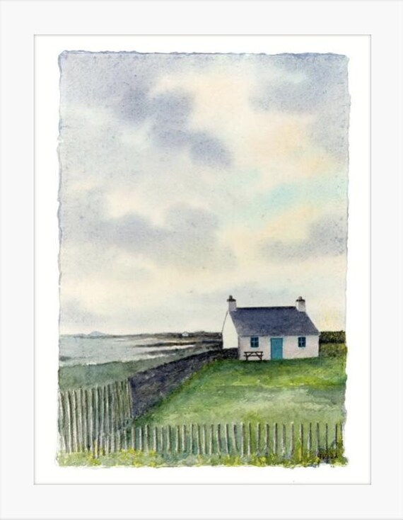 Original watercolour painting 'Tyn Tywyn' on handmade deckle edged paper, cottage near Rhosneigr Anglesey, mounted to fit 16 x 12 inch frame