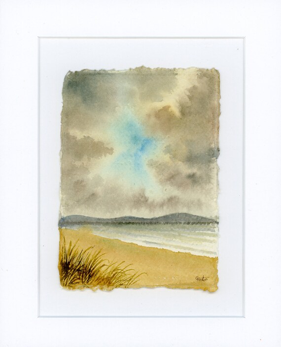 Original mounted deckled edged watercolour beach painting Newborough Beach, Anglesey on handmade paper, Llanddwyn beach. Art gift UK