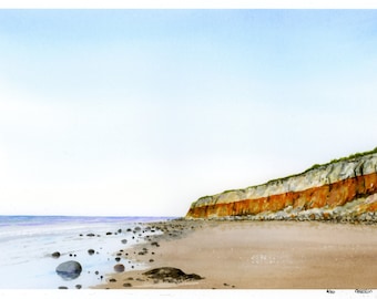 Hunstanton Cliffs, hand finished very limited edition print on watercolour paper,  hand painted figures on Norfolk beach, A4 size artwork