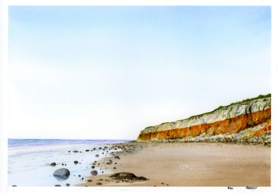 Hunstanton Cliffs, hand finished very limited edition print on watercolour paper,  hand painted figures on Norfolk beach, A4 size artwork