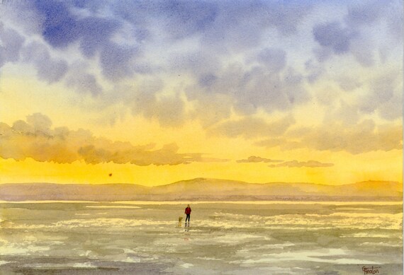 Original small A5 watercolour beach painting, West Kirby beach, figure and dog at sunset watercolor art gift direct from the artist UK