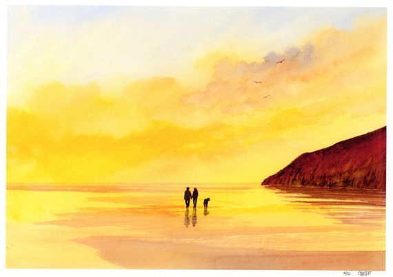 New for 2021 hand painted couple and dog on sunset beach, hand finished very limited edition print on watercolour paper, Pendine Sunset art