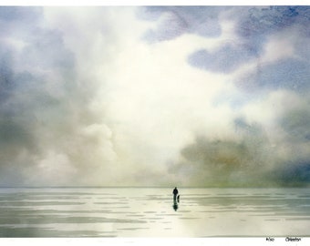 Figure and dog on beach, very limited edition print on quality watercolour rag paper, stormy beach art direct from artist UK, storm clouds