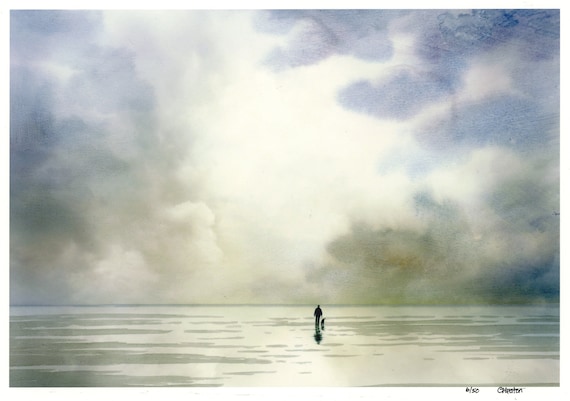 Figure and dog on beach, very limited edition print on quality watercolour rag paper, stormy beach art direct from artist UK, storm clouds