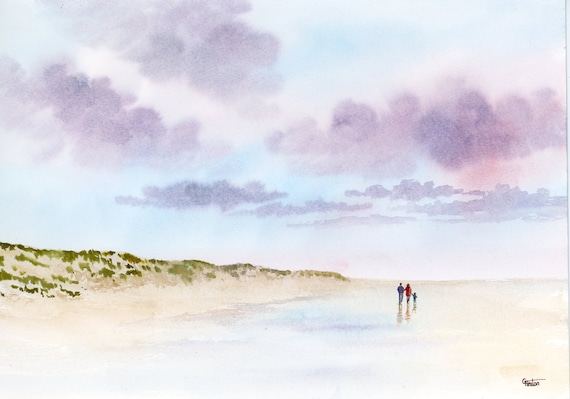 Original watercolour painting, couple and child on Formby beach, A4 size watercolor art direct from the artist in England, UK. Our Family